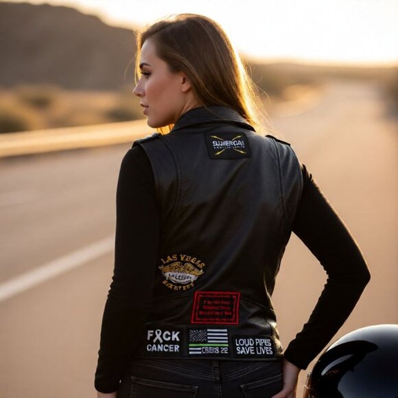 Daniel Smart Womens Leather Biker Vest XS With Patches Black - Picture 3 of 10